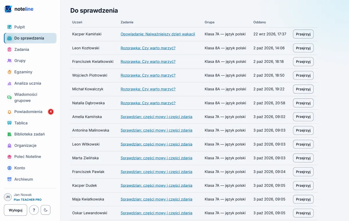 Kolejka Do sprawdzenia z listą oddanych prac uczniów